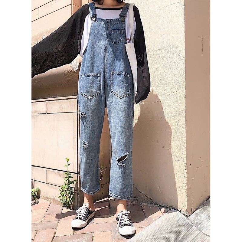 Women Casual Ripped Denim Suspender 