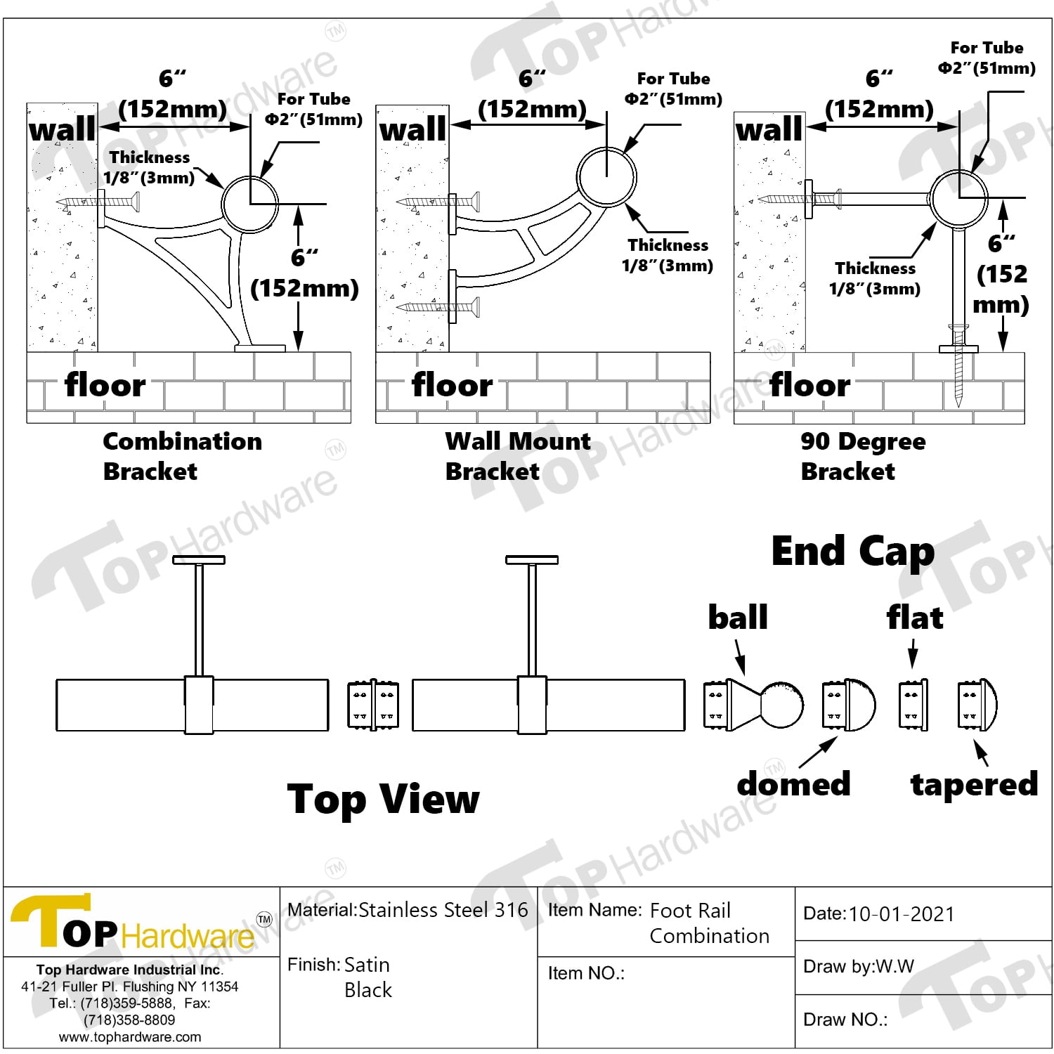 Solid Bar Mount Foot Rail Kit, Matt Black Stainless Steel Tubing w/Internal Connector, Combination Foot Rail Brackets, Flat End Cap, 3 ft = 36 in x 1