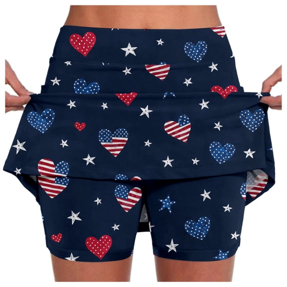 Womens Dress Summer Patriotic Printed Mini Skirt Versatile Workout Slim Breathable Elastic Pocket Sports Daily Bottom