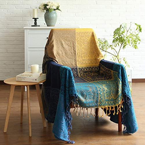 87 x 103, Red Green Navy Yellow AIVIA Boho Throw Blanket Colorful Chenille Woven Bohemian Sofa Slipcover Recliner Loveseat Furniture Cover Aztec Hippie Throws Blankets 