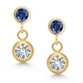 thumbnail image 2 of Gem Stone King 14k Yellow Gold White Created Sapphire and Blue Created Sapphire Two Stone Dangle Earrings for Women (0.78 Cttw, Gemstone September Birthstone, Round 4MM, Round 3MM), 2 of 4