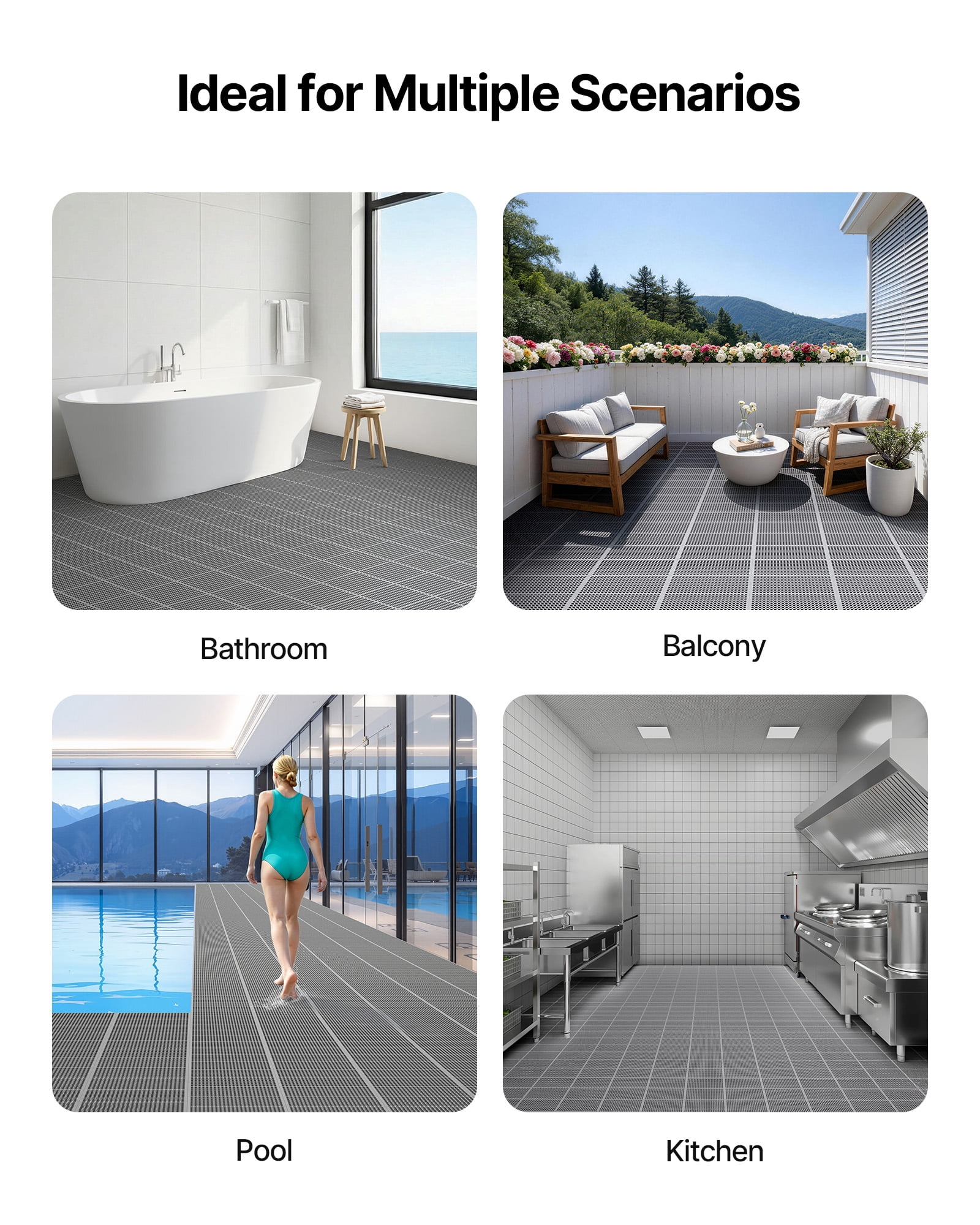 VEVOR Drainage Mat, 3 x 50 ft, PVC Non Slip Commercial Floor Mat, Wet Area Water Drain Splash Matting Hollow Doormat Roll, for Outdoor Indoor Restaurant Swimming Pool Patio Bathroom Washroom, Black