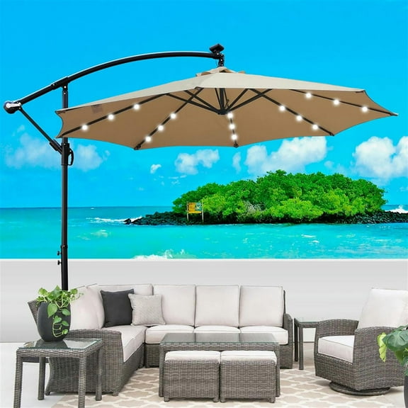 Demi Bonn 10 ft Outdoor Patio Umbrella Solar Powered LED Lighted Sun Shade Waterproof Umbrella with 8 Ribs, Crank and Cross Base for Garden Deck Backyard Pool, Beige