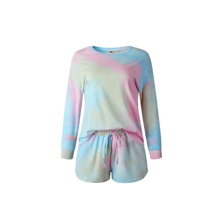 

Listenwind Women麓s Tie-dye Pajamas Sleeping Top+ Shorts Suit Round Collar Long Sleeve Drawstring Loose Elastic Home Sleepwear