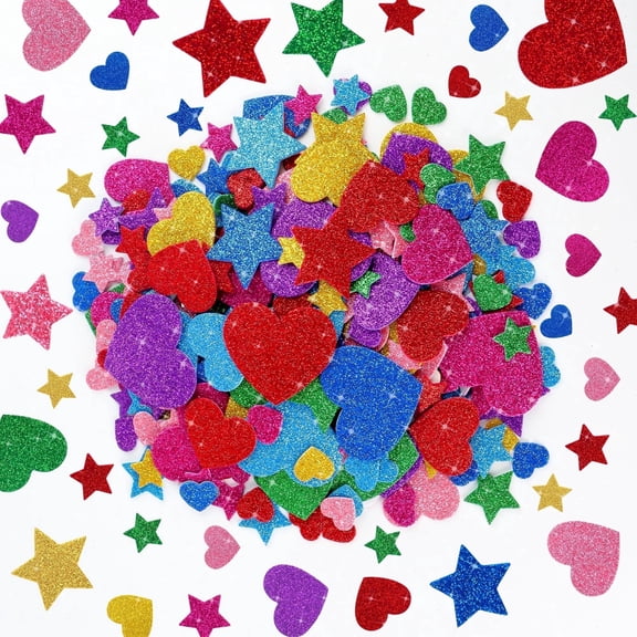 Neasyth Glitter Foam Stickers, 1000Pcs Multicolor Star and Heart Foam Stickers for DIY Crafts