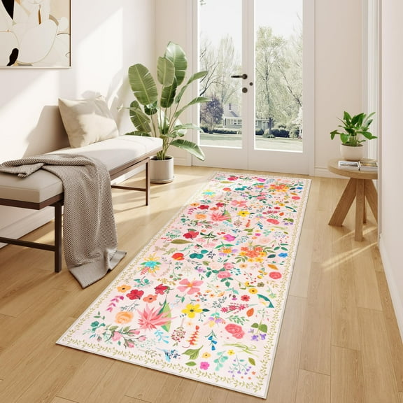 Wondo Anti-Skid Floral Runner Rug 2'x6' with Rubber Backing - Machine Washable Carpet Runner for Hallways, Kitchen, Bedroom, Bathroom & Laundry Room (Beige)
