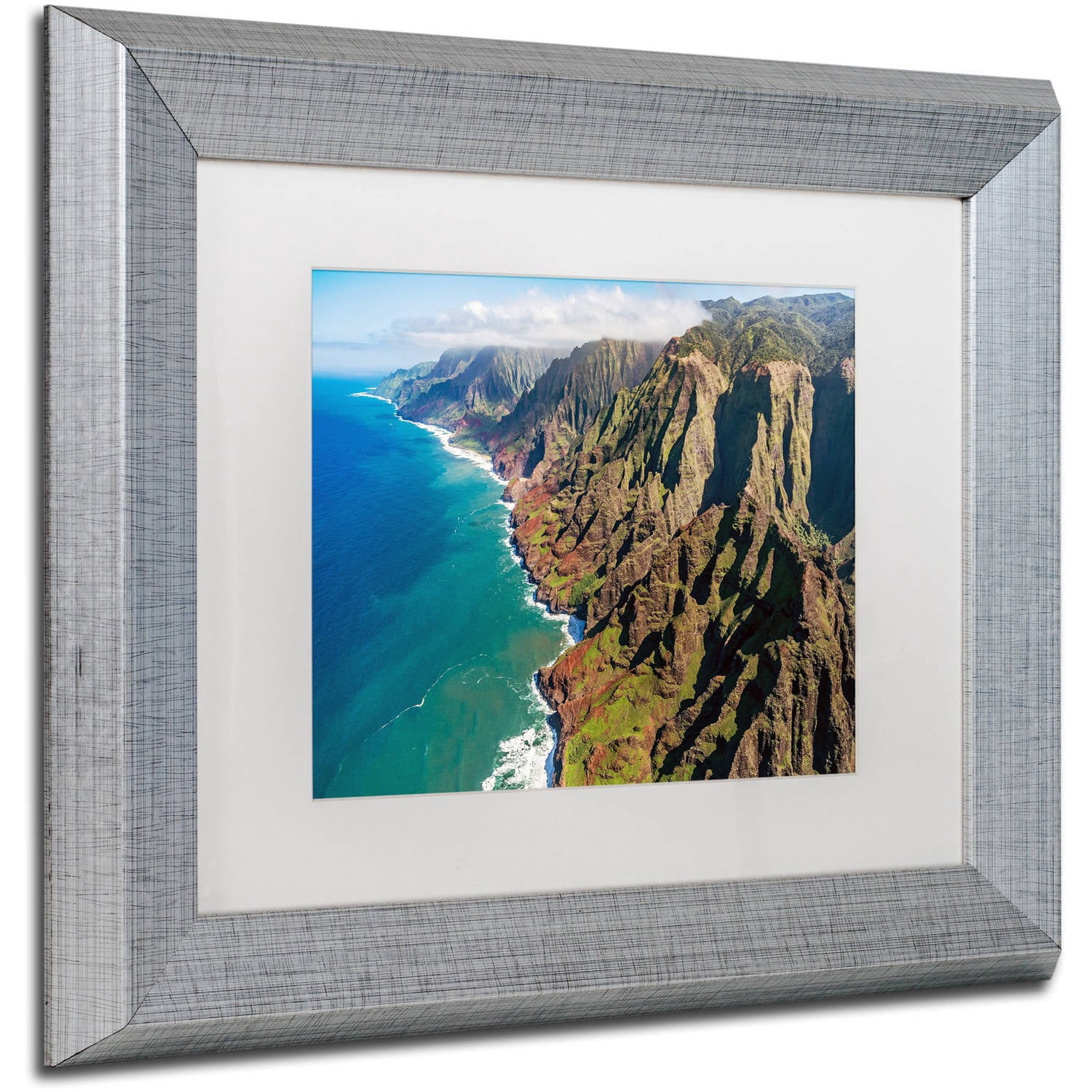 Trademark Fine Art 'Napali Coast' Canvas Art by Pierre Leclerc, White Matte, Silver Frame