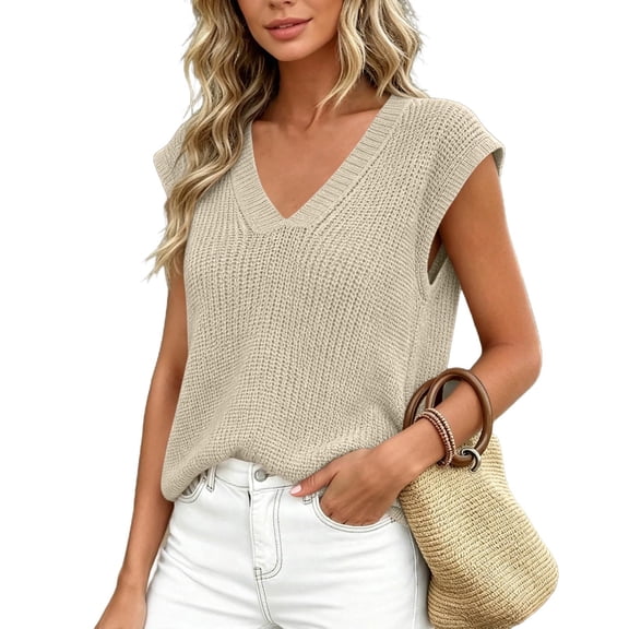 CBASIHI Womens Cap Sleeve Knit Sweaters Tank Tops- Trendy V Neck Crochet Summer Pullover Going Out Tops Khaki Size S-2XL