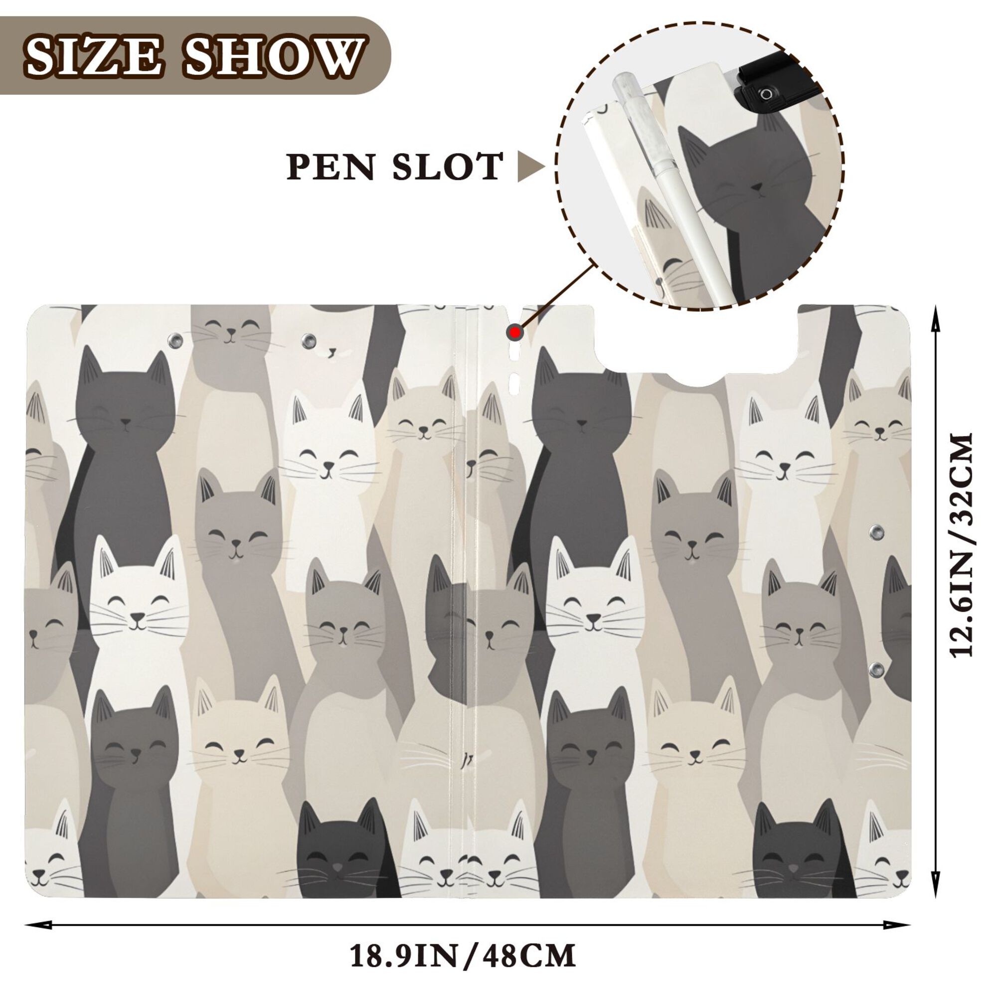 FORMRS A4 Clipboard Folder with Pen Holder Horizontal Foldable School Office Binder, Beige Cute Cats