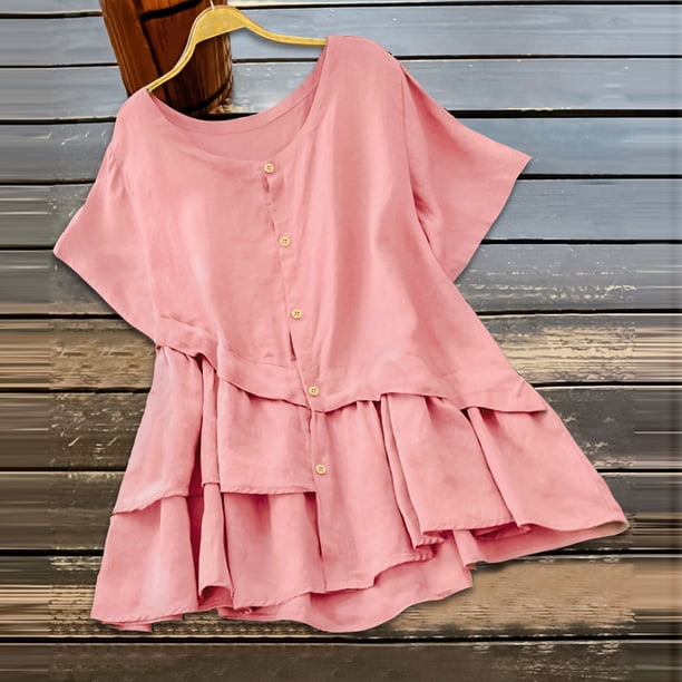 Camiseta Holgada Fiudx de Color Sólido para Primavera y Verano Mujer Blusa de Lino con Botones y Cuello Redondo de Manga corta