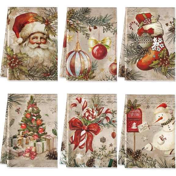 Vintage Christmas Santa Snowman Stocking Tree Kitchen Towel Set of 6, 16 x 24 inches, Absorbent, Holiday Gift