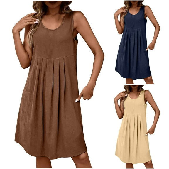 Aboser Women's Cotton Linen Sleeveless Sundress Beach Vacation Tank Dress Trendy Pleated Tunic Dresses Loose U Neck Sundresses Solid Color Midi Length Dress Coffee XXL