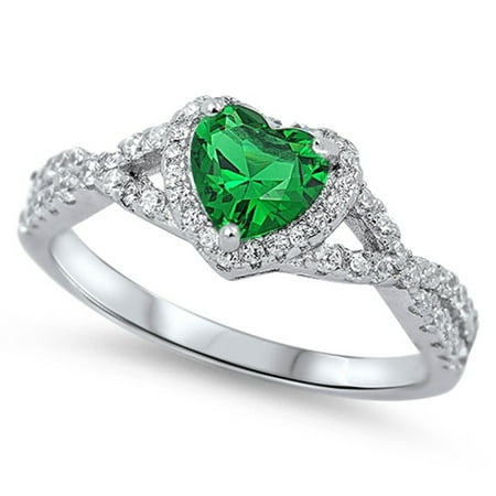 Heart Design Ring - Heart Simulated Emerald Surrounded By Round Cubic Zirconia Swirl Design Ring Sterling Silver 925