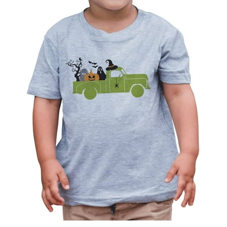 

7 ate 9 Apparel Kids Happy Halloween Shirts - Spooky Halloween Truck - Pumpkin & Ghost - Grey T-Shirt 3T