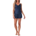 thumbnail image 2 of INSPIRE CHIC Women's Pajama Sets Satin Curved Crisscross Back Cami Spaghetti Strap Cowl Neck Silky Split Shorts Set S Navy, 2 of 6