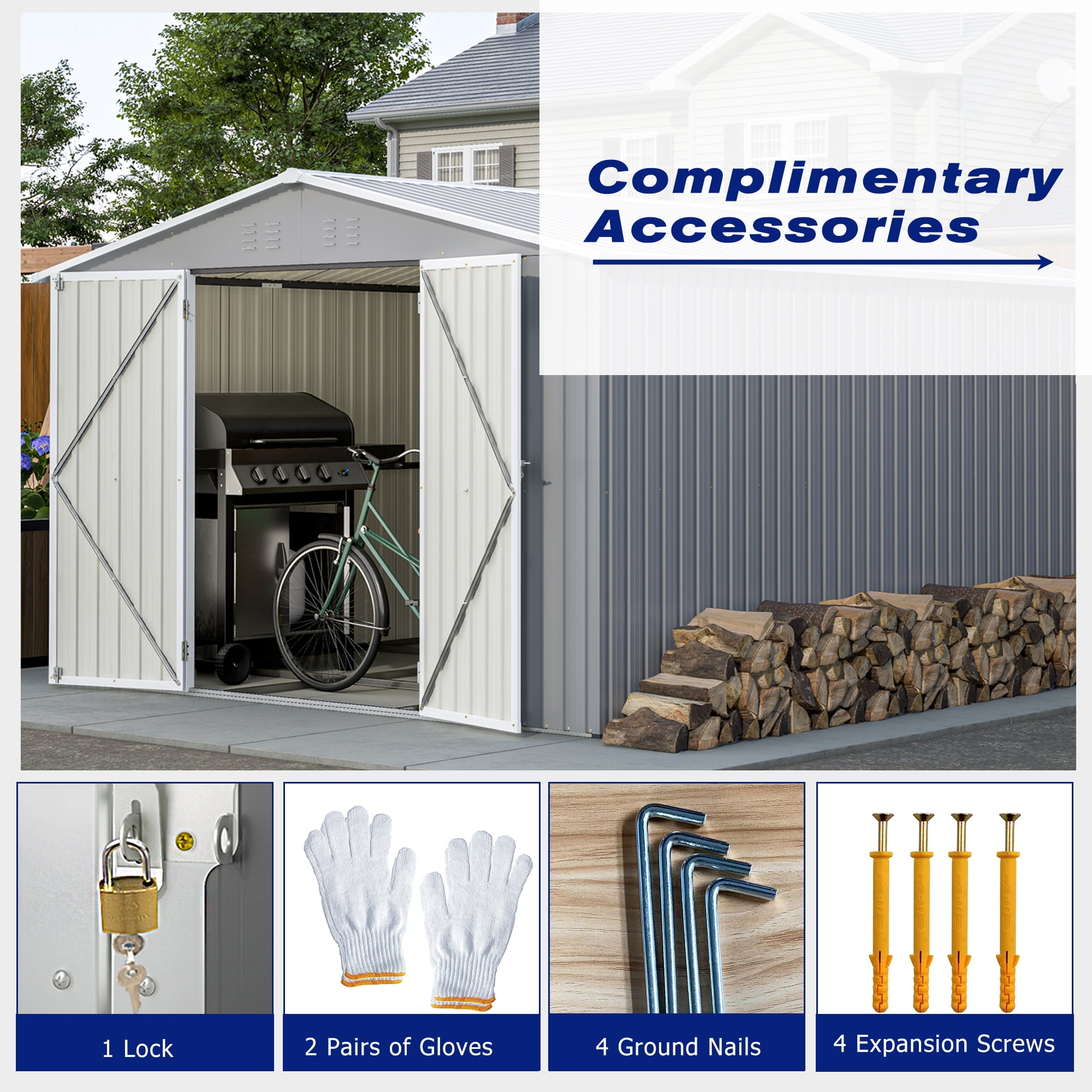 8' x 12' Outdoor Storage Shed with Floor Frame, Metal Garden Tool Shed for Backyard Patio Lawn, Securable Double Doors, Weather-Resistant, Grey