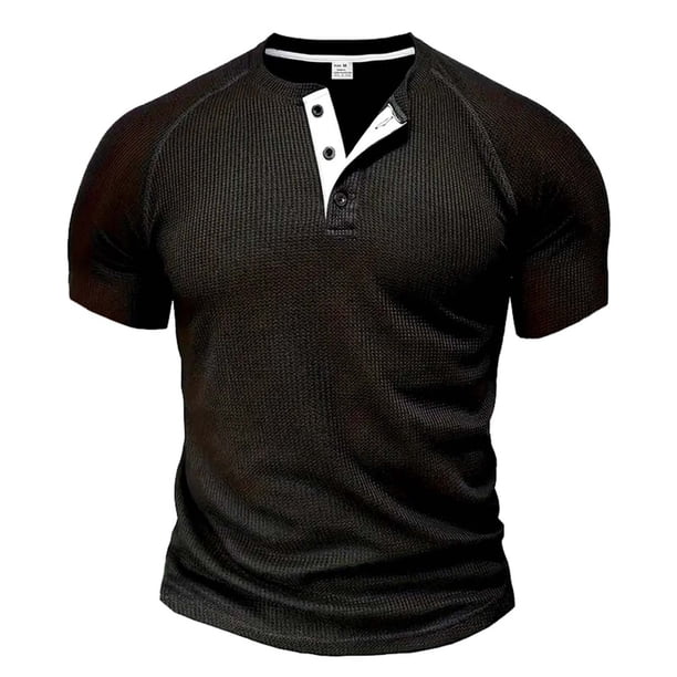 pstuiky camisetas camisas para hombre, Blusas versátiles de manga corta raglán con cuello redondo y botones de color liso para hombre ropa de hombre m