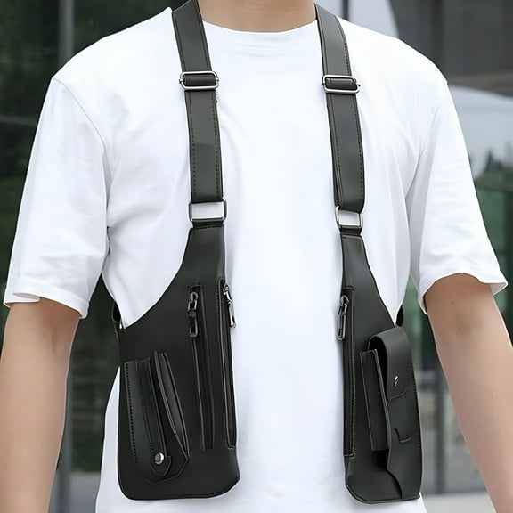 GASTROPOD Double Shoulder Armpit Leather Bag for Men Double Shoulder Strap Pocket Outdoor Bag Shoulder Holster Bag Adjustable Straps Black and Brown