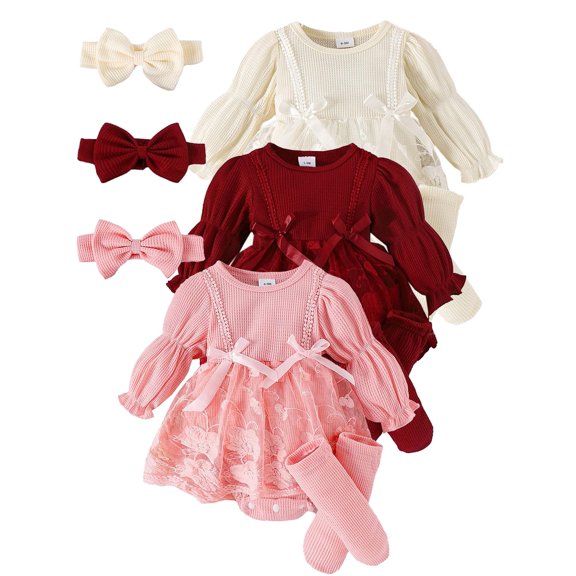 WIBACKER 6-9M Baby Girl Long Sleeve Romper Lace Tulle Dress   Socks   Headband Newborn Infant Cake Smash Pink Outfits