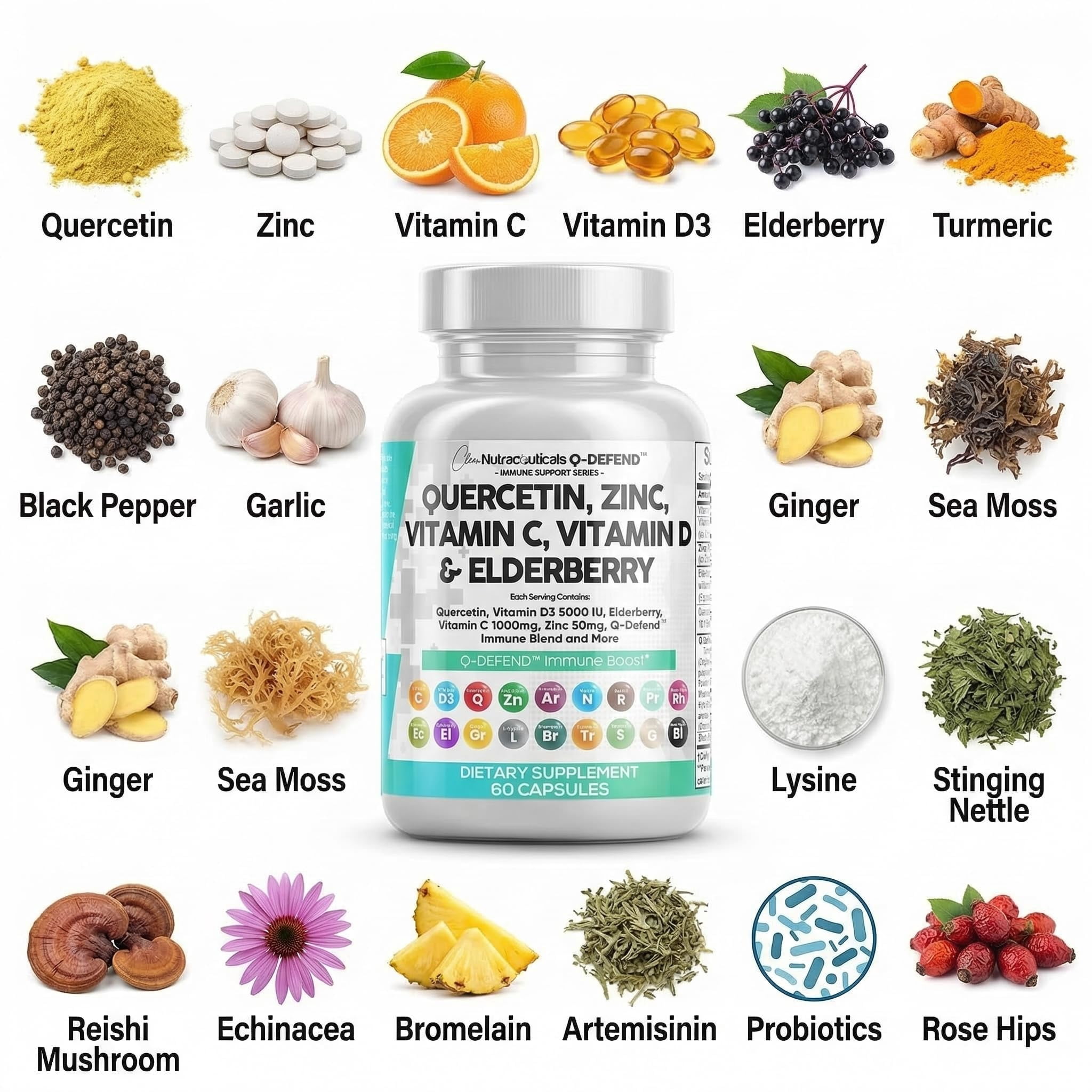 Q Defend Quercetin Supplement with Zinc Vitamin C Vitamin D Elderberry Turmeric Black Pepper Garlic Ginger Sea Moss Lysine Stinging Nettle Reishi Mushroom Immune Support 60 Capsules by Clean Nutra
