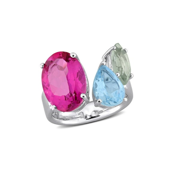 10.05 Carat (Ctw) Pink and Blue Topaz, Green Quartz Ring in Sterling Silver for Women