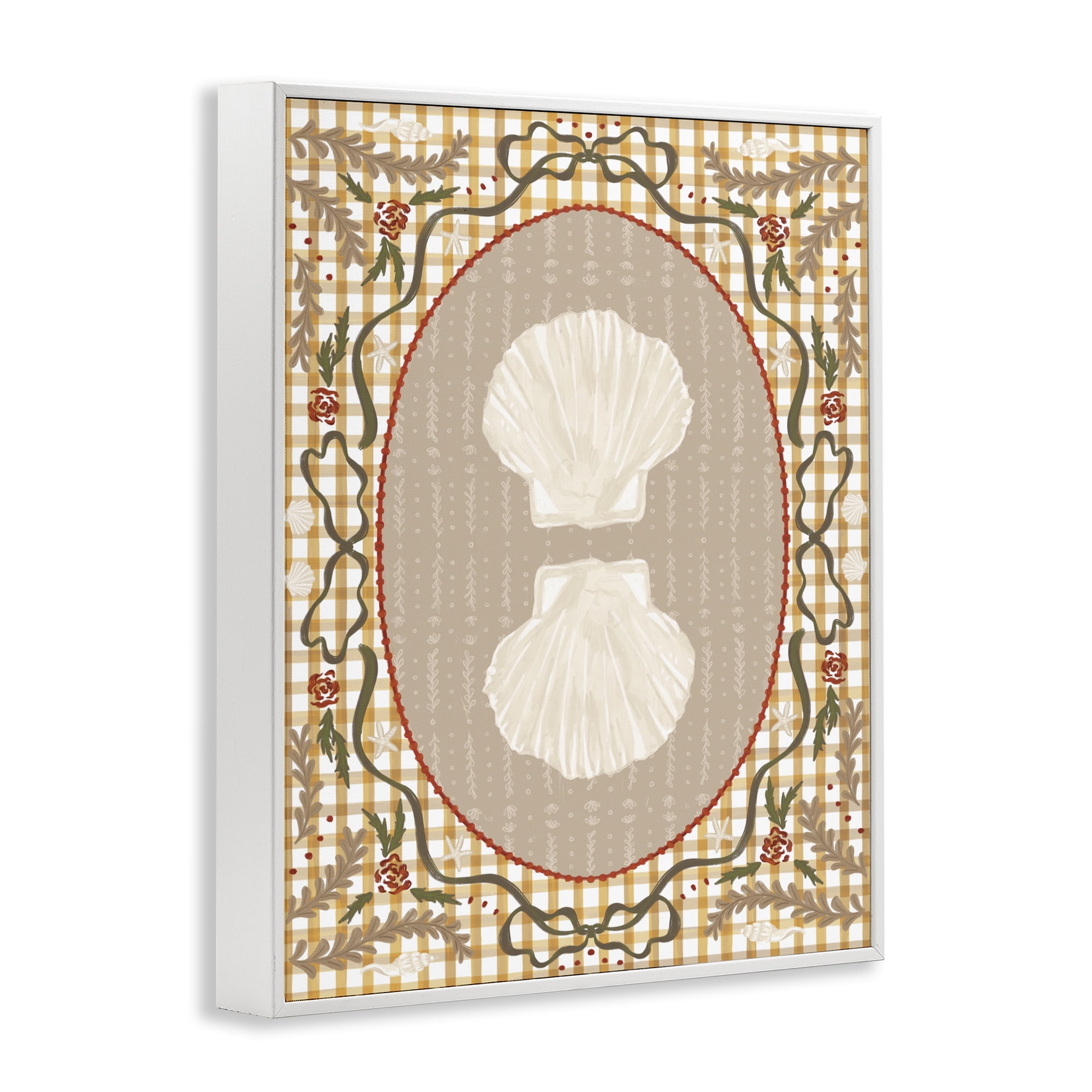 Stupell Industries Vintage Shells on Gingham White Framed Giclee Art, design by Vero Illustrates