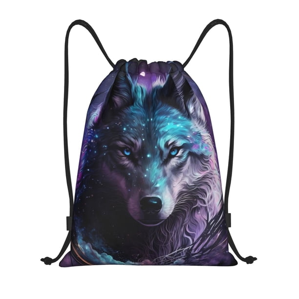 Fotbe Purple Sky Wolf Bolsa Mochila con Cordón Estampada, Bolsa de Gimnasio Deportiva, Bolsa Cinch, Bolsa con Cordón para Hombres y Mujeres-Small