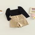 thumbnail image 3 of Toddler Kids Girls 2 Pieces Outfits  Solid Color Knitted Ribbed Puff Long Sleeve Tops + PU Leather Buttons Shorts Set, 3 of 9