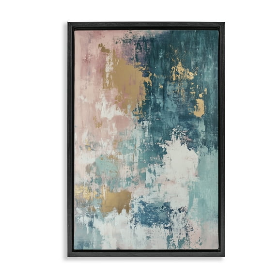 Stupell Industries Teal Green Gold Abstract Abstract Painting Black Floater Framed Canvas Art Print Wall Art, 17 x 25