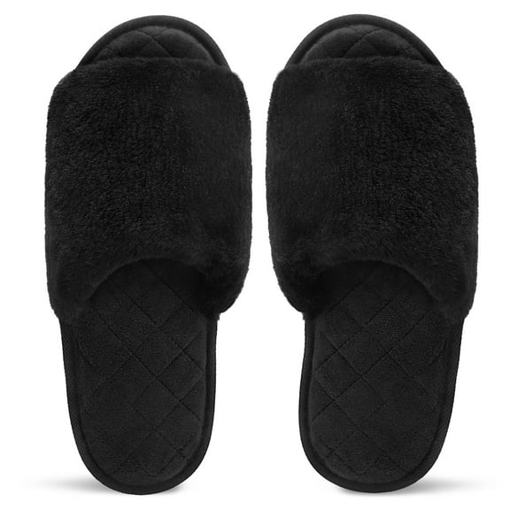 festooning ​Womens Open Toe Slippers Cozy Memory Foam Indoor Bedroom Shoes Slip On House Slippers Black 9-10