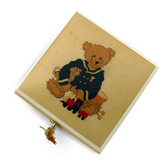 Amazing 30 Note Beige & Ivory Navy Thread Bear with Toys Music Box - Auld Lang Syne