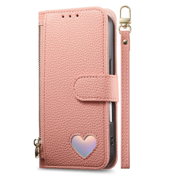 Dteck for iPhone 17 Pro Max Case Wallet with Card Holder, Love Pattern PU Leather Strap Zipper Pocket Shockproof Phone Cover,Pink