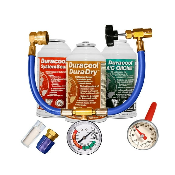 Kit de mise au point et d'étanchéité professionnel Duracool® 12a/134a pour systèmes de climatisation mobiles. Contient 1 canette SystemSeal, 1 canette DuraDry, 1 canette OilChill, tuyau de charge avec