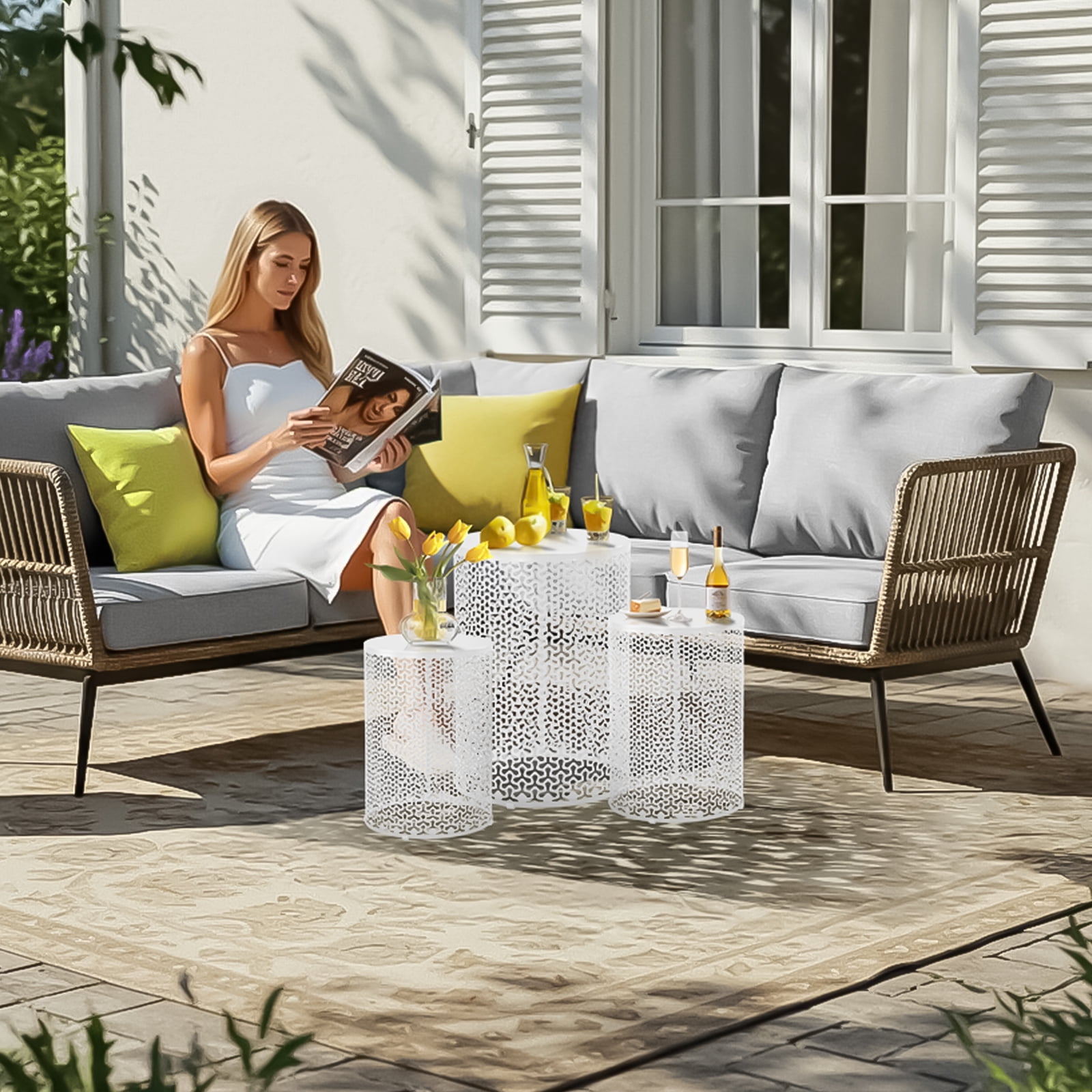 Ktaxon 3 Piece Metal Stacking Side Table Set for Patio Indoor Outdoor Nesting End Tables Clover Design, 12/14/16 Inch, White
