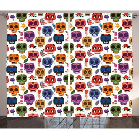 Day Of The Dead Decor Curtains 2 Panels Set, African Tribal Wooden Scary Mask with Cartoon Funny Details Art Print, Window Drapes for Living Room Bedroom, 108W X 84L Inches, Multicolor, by Ambesonne