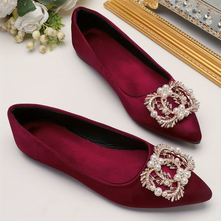 

Chic Lightweight Women s Slip-On Flats: Summer-Ready Elegant Faux Pearl & Rhinestone Pointed Toe in Solid Color