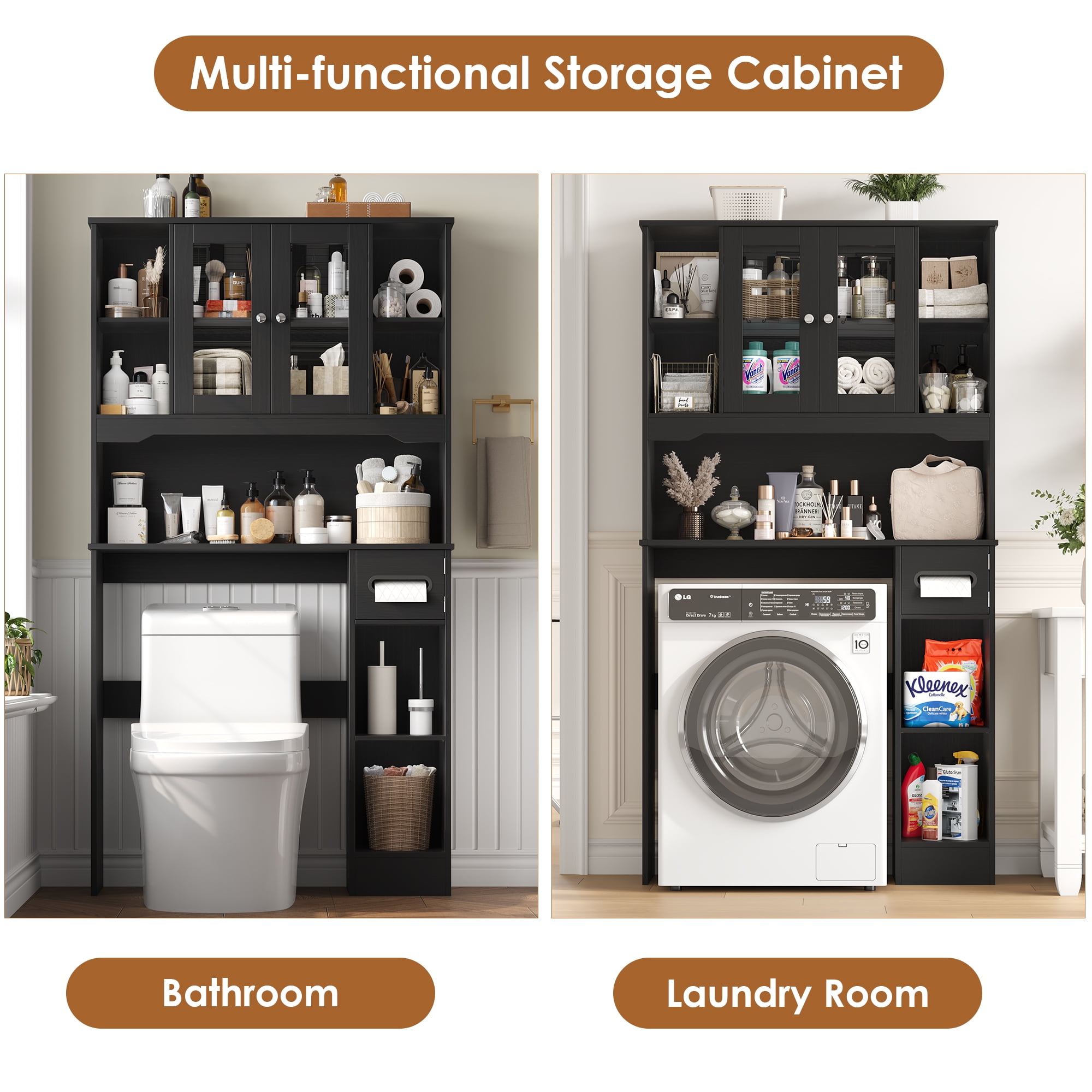 Homfa Over The Toilet Storage Cabinet with Toilet Paper Holder Stand, Above Toilet Organizer with Glass Doors, Behind Toilet Shelf for Restroom, Bathroom, Laundry, Black