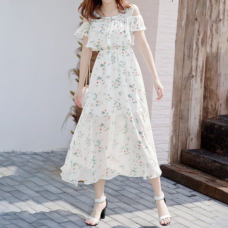 OJSFQUFP Womens Dresses Ladies Beach Holiday Beach Dress Small Fresh Sweet Floral Chiffon Dress Soft and Comfortable Dress Beautiful Dress M