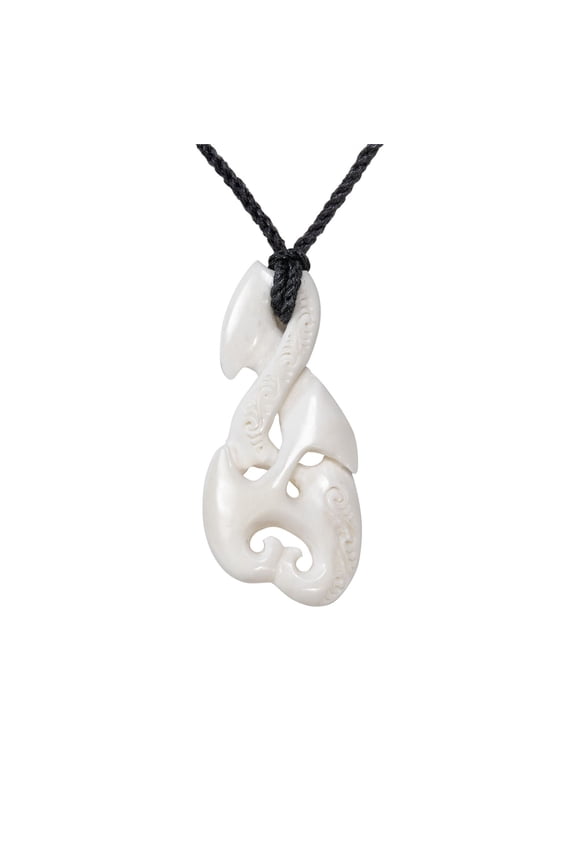 Women's Men's Hand Carved Bone Intertwined Hei Matau Double Koru Pendant Necklace