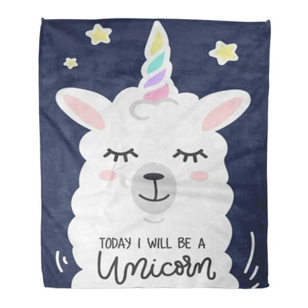 ASHLEIGH Flannel Throw Blanket Llama Unicorn Cute Inscription Today I Will Be White Wool Alpaca Horn Blue Motivational 58x80 Inch Lightweight Cozy Plush Fluffy Warm Fuzzy Soft