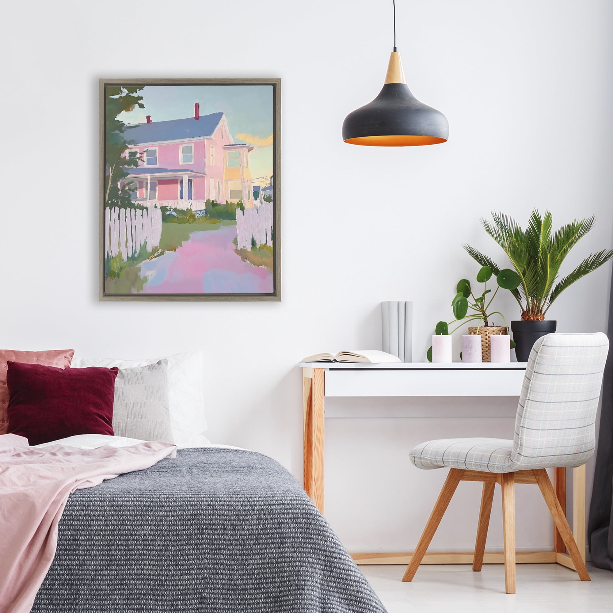Stupell Industries Pastel Pink House with Fence Brown Framed Floater Canvas Wall Art, design by The Prints Vibe