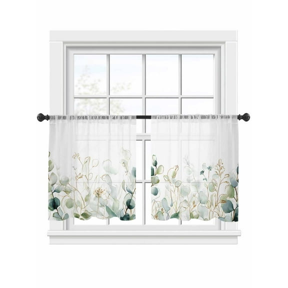 Watercolor Green Leaf Sheer Curtains 54 inches Long, Eucalyptus Leaves Abstract Art Light Filtering Sheer Window Curtains Rod Pocket Voile Drapes for Bedroom Living Room, 2 Panels 52"W x 54"L