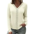 thumbnail image 4 of Women Elegant Lace Trim Tops Spring Casual Solid V-Neck Sexy Long Sleeve Pullover Blouse T-shirt Trendy Tops, 4 of 5