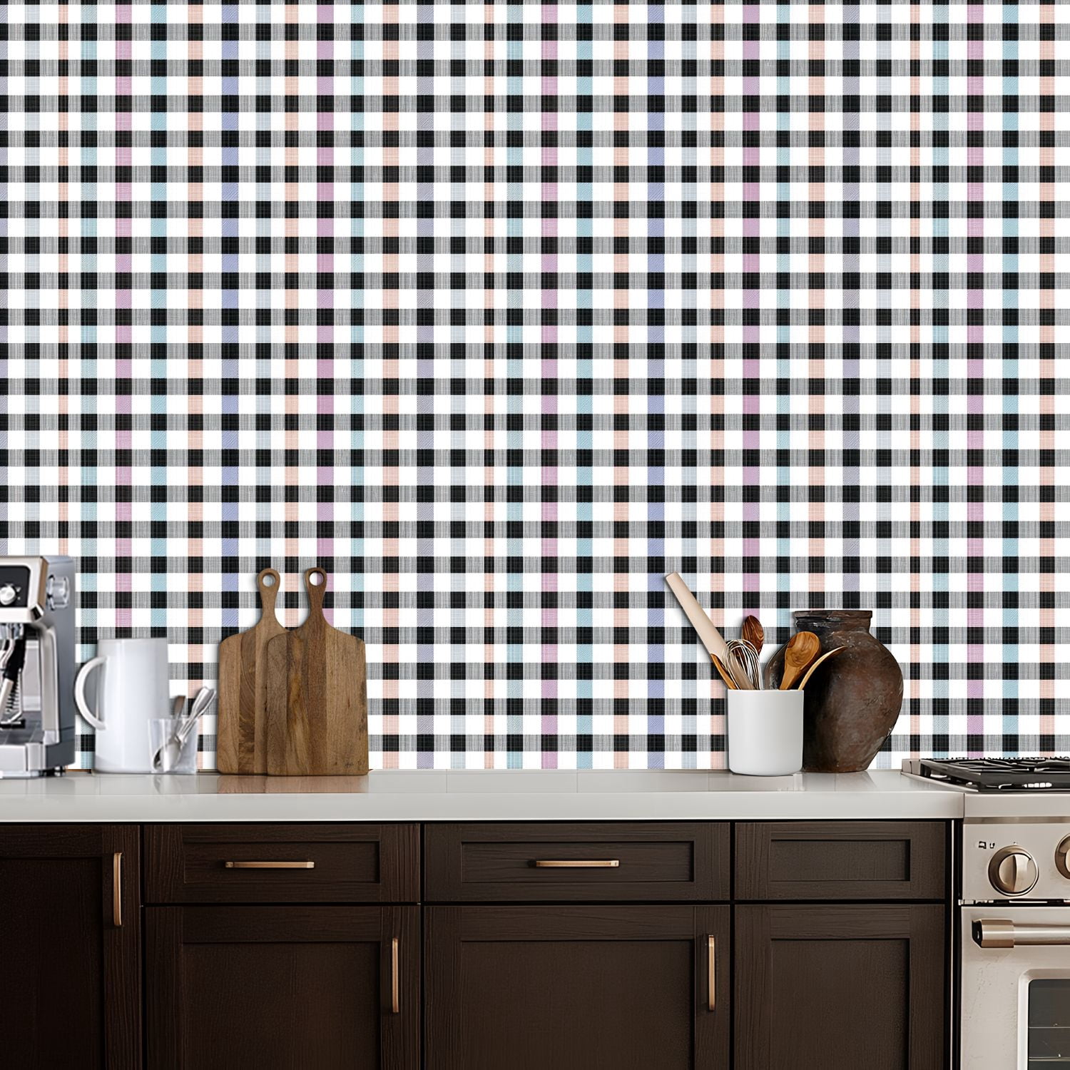 Peel and Stick Wallpaper Plain Black White Grey Gingham Tartan Plaid Wall Mural 17.7in x 9.8ft Self Adhesive Removable Wall Paper Renter Friendly Wallpaper for Bedroom Bathroom