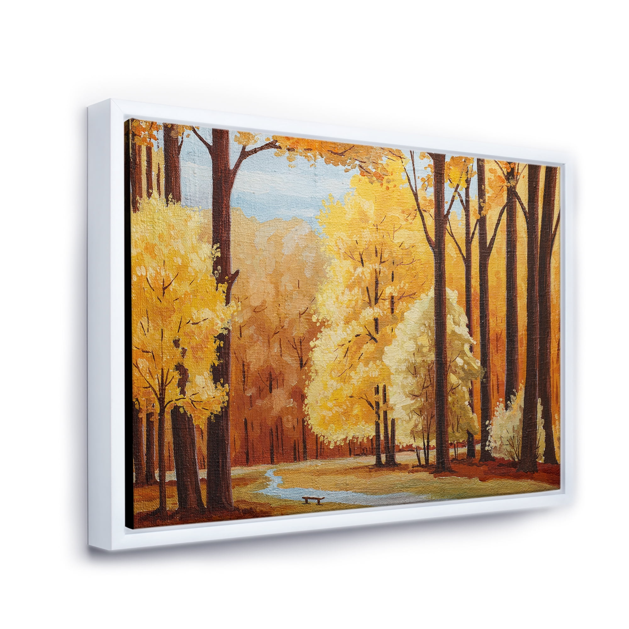 Orange Autumn Trees At Sunrise 40 in x 30 in Framed Painting Canvas Art Print, by Designart