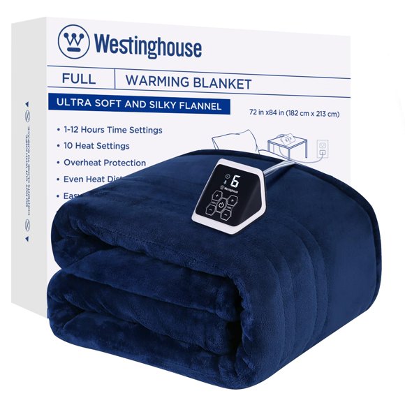 Westinghouse Manta calefactora eléctrica de tamaño completo con 10 niveles de calefacción, 1 a 12 horas, apagado automático, manta calefactora de calentamiento rápido, lavable a máquina (completa 72 x