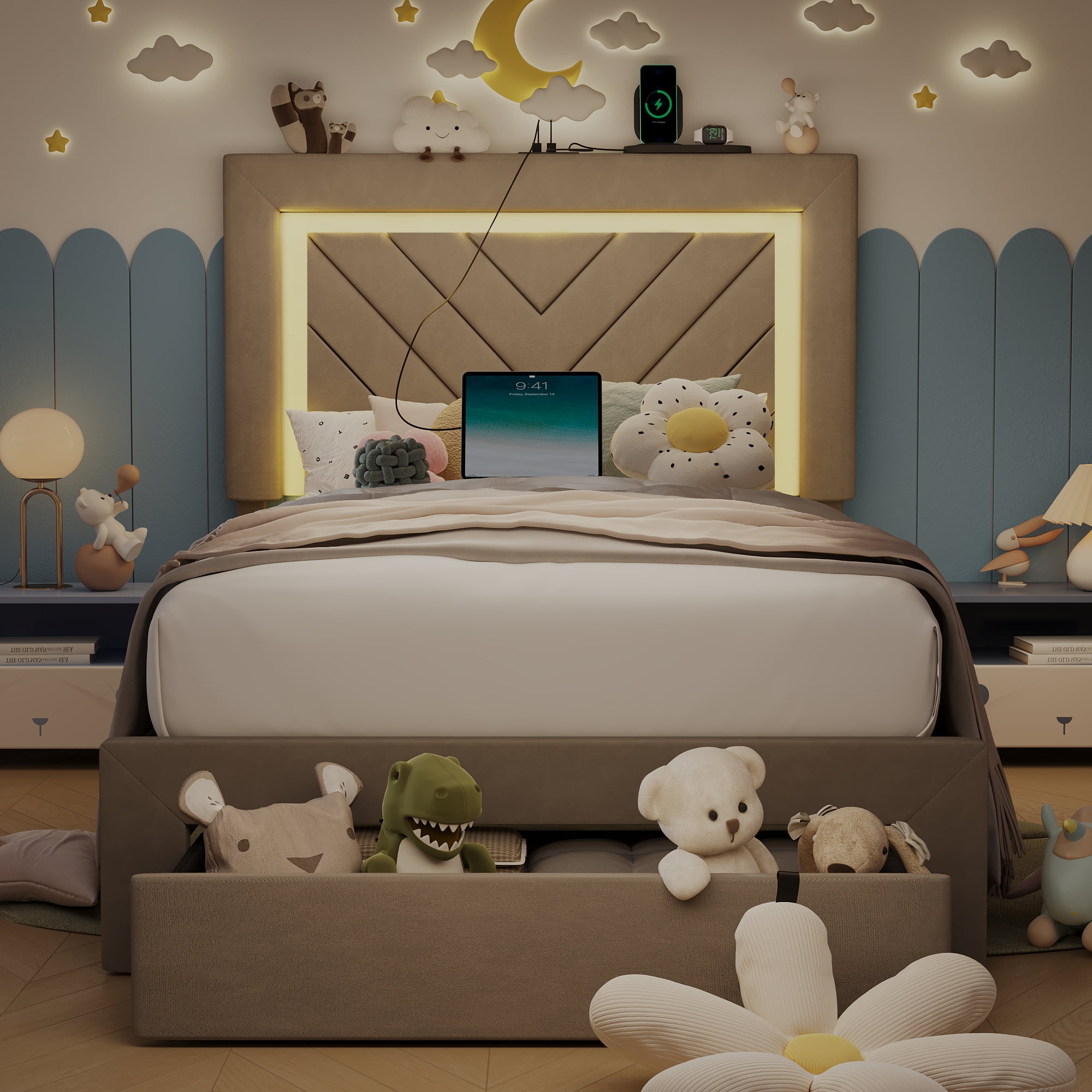 Fastroby Twin Upholstered Bed Frame with LED Headboard & Storage Drawer, No Box Spring Required