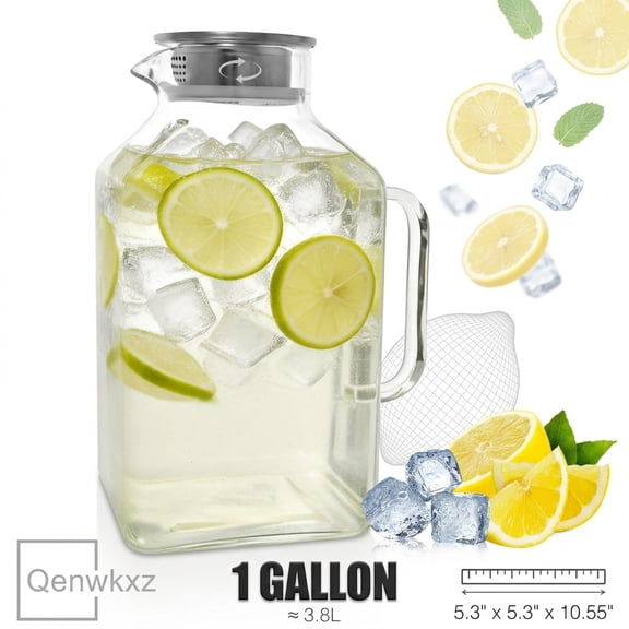 Qenwkxz 1 Gallon Square Glass Pitcher with Lid and Spout Borosilicate Glass Carafe for Hot/Cold Drink Water Pitcher with Handle for Fridge Large Jug for Iced Tea Coffee Juice Beverage