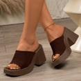 thumbnail image 3 of Rokment Women's Platform High Heels Dress Sandals 2026 Summer Trendy Casual Stretchy Mesh Open Square Toe Chunky Block Heeled Slip on Slides Dressy Slippers for Ladies Brown Size 9, 3 of 7