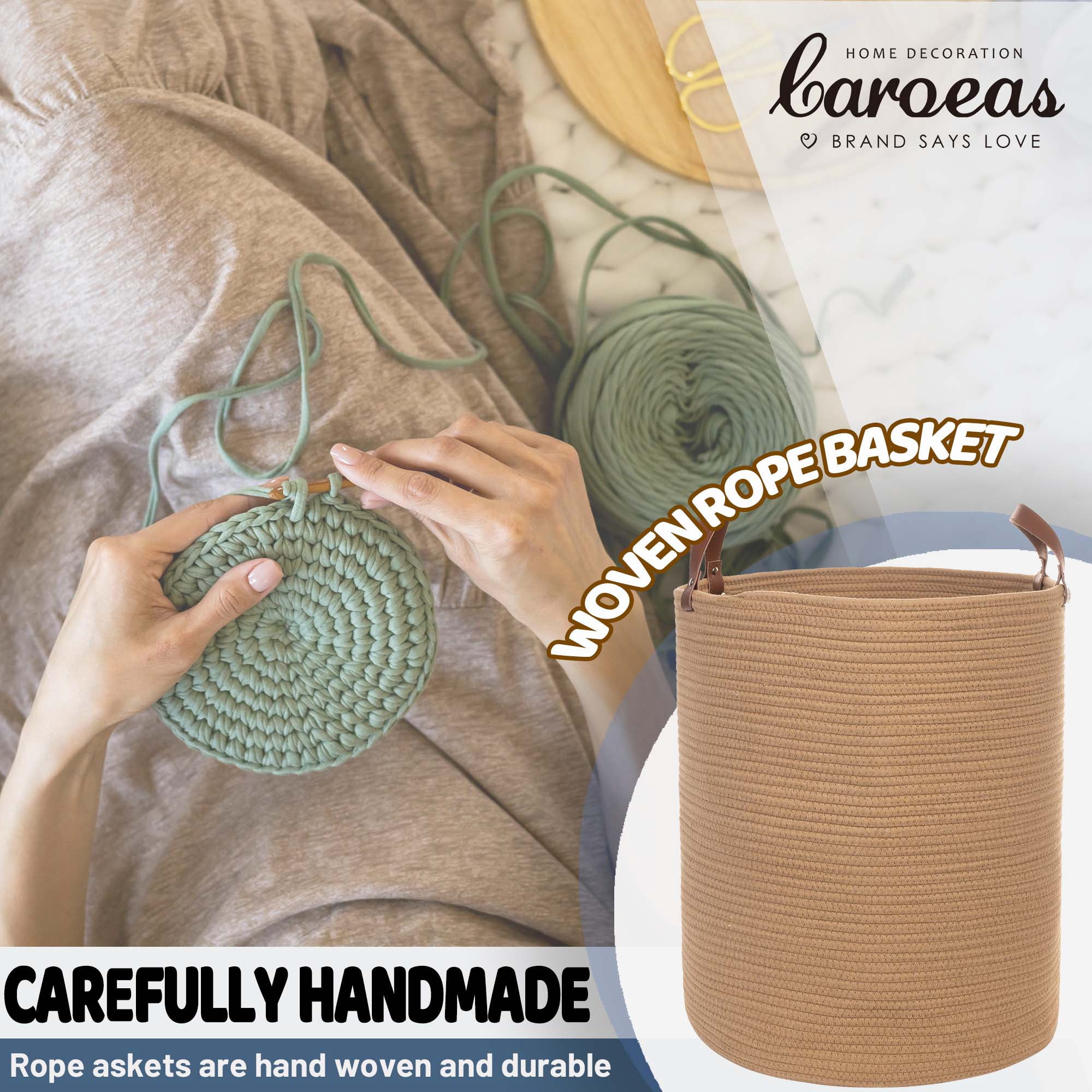 Caroeas XXXL Extra Large Rope Basket, 16''x20'' Woven Storage Basket with Leather Handles, Blanket Basket for Living Room, Tall Nursery Basket, Storage Organizer, Brown